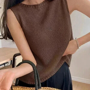 Coffee Brown Casual Women's Solid Round Neck Knit Top